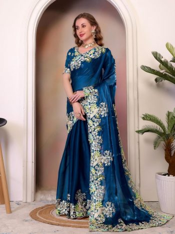 TRENDING JIMMY CHOO EMBROIDERY SEQUENCE THREAD CODING WORK SAREE WITH UNSTITCHED BLOUSE  RAMA