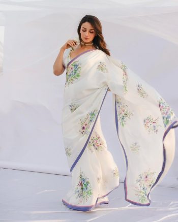TRENDING MOSS SILK PRINTED SAREE WITH UNSTITCHED BLOUSE WHITE