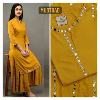TRENDING RAYON WITH MIRROR WORK KURTI WITH PALAZZO MUSTARD