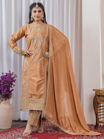 TRENDING SILK EMBROIDERY TOP PALAZZO WITH DUPATTA CHIKU