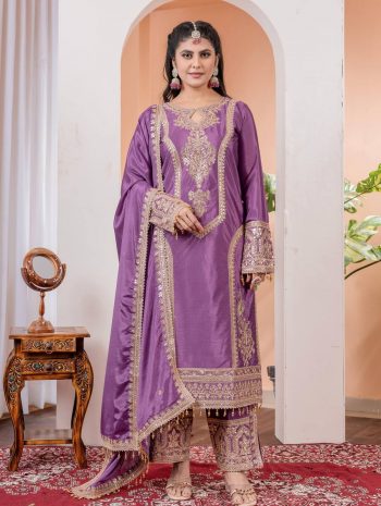TRENDING SILK EMBROIDERY TOP PALAZZO WITH DUPATTA LAVENDER