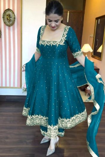 TRENDING VICHITRA SILK EMBROIDERY SEQUENCE WORK GOWN BOTTOM WITH DUPATTA RAMA
