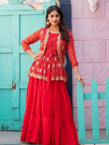 DESIGNER BHANDEJ EMBROIDERY THREAD WORK PEPLUM STYLE TOP LEHENGA WITH KOTI RED