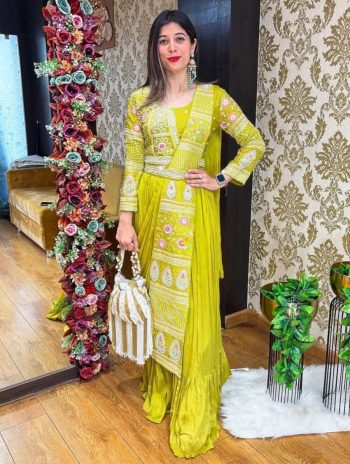 DESIGNER CHINON EMBRODERY SEQUENCE WORK LEHENGA SAREE WITH BLOUSE AND EXTRA KALI AND WAIST BELT  PARROT GREEN