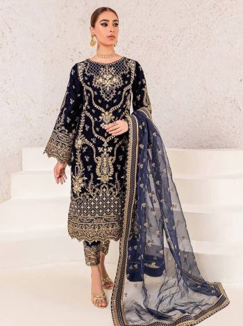 DESIGNER CHINON EMBROIDERY AND SEQUENCE WORK WITH MOTI LACE BORDER WORK TOP BOTTOM WITH DUPATTA NAVY BLUE