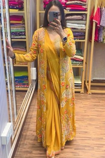 DESIGNER CHINON EMBROIDERY BORDER WORK READY TO WEAR SAREE WITH STITCHED BLOUSE AND KOTI YELLOW