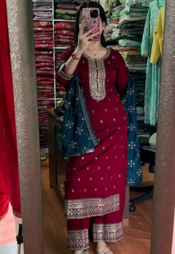 DESIGNER CHINON SILK EMBROIDERY SEQUENCE WORK  TOP PALAZZO WITH DUPATTA MAROON