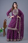 DESIGNER CHINON SILK EMBROIDERY SEQUENCE WORK TOP SHARARA WITH DUPATTA WINE