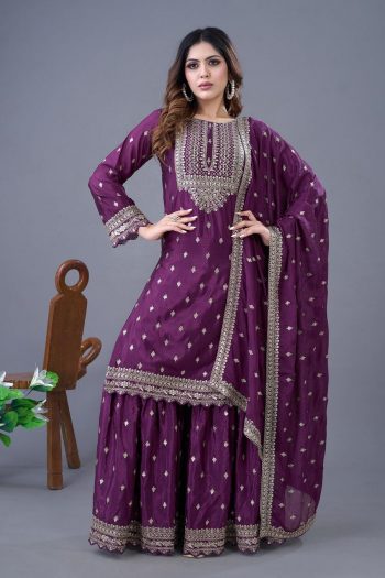 DESIGNER CHINON SILK EMBROIDERY SEQUENCE WORK TOP SHARARA WITH DUPATTA WINE