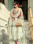 DESIGNER FAUX GEORGETTE EMBROIDERY WORK  PALAZZO BLOUSE WITH SHRUG AND WAIST BELT SEA GREEN