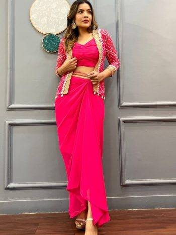 DESIGNER GEORGETTE EMBROIDERY WORK DHOTI STYLE DRAPE SKIRT BLOUSE WITH KOTI  RANI