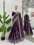DESIGNER JAPAN SATIN SILK THREAD WITH SEQUENCE WORK SAREE WITH UNSTITCHED BLOUSE WINE