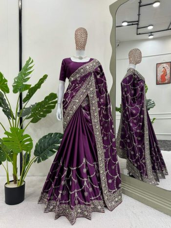 DESIGNER JAPAN SATIN SILK THREAD WITH SEQUENCE WORK SAREE WITH UNSTITCHED BLOUSE WINE