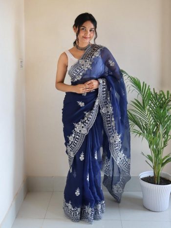 DESIGNER ORGANZA SILVER ZARI EMBROIDERY WORK WITH FULL BODY BUTTI AND HANDMADE SEQUENCE CUT DANA BORDER WORK SAREE WITH UNSTITCHED BLOUSE  NAVY BLUE