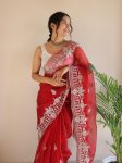 1DESIGNER ORGANZA SILVER ZARI EMBROIDERY WORK WITH FULL BODY BUTTI AND HANDMADE SEQUENCE CUT DANA BORDER WORK SAREE WITH UNSTITCHED BLOUSE PARTY WEAR WHOLESALE PRICE ETHNIC GARME (5)