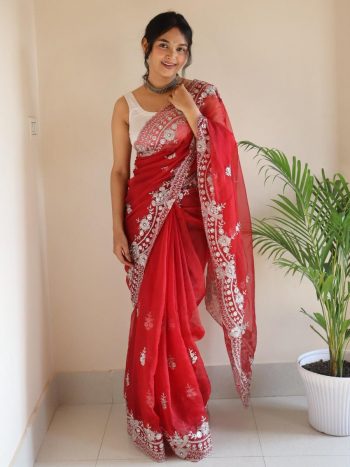 DESIGNER ORGANZA SILVER ZARI EMBROIDERY WORK WITH FULL BODY BUTTI AND HANDMADE SEQUENCE CUT DANA BORDER WORK SAREE WITH UNSTITCHED BLOUSE  RED