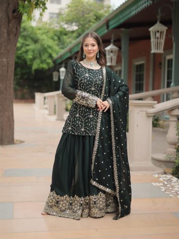 ESIGNER RANGOLI SILK SEQUENCE AND THREAD EMBROIDERY WORK TOP PALAZZO WITH DUPATTA GREEN