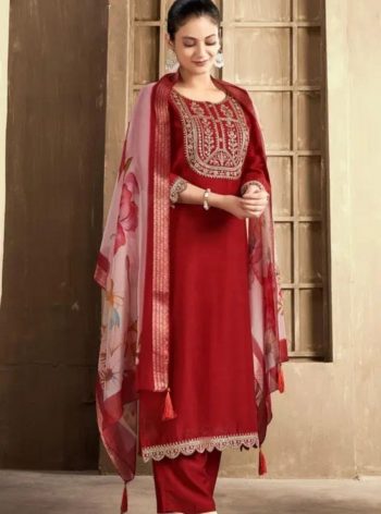 DESIGNER RAYON SLUB EMBROIDERY WORK TOP BOTTOM WITH DUPATTA  RANI