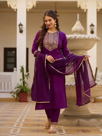 DESIGNER RAYON SLUB SEQUENCE CODING EMBROIDERY WORK TOP BOTTOM WITH DUPATTA PURPLE