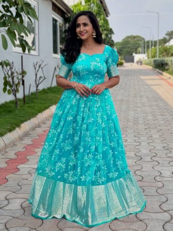 DESIGNER SOFT ORGANZA FOIL WORK GOWN  SKY