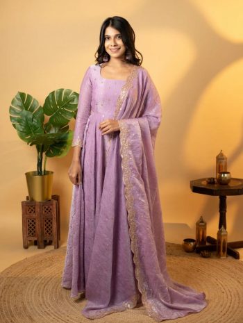 FANCY CHINON SILK EMBROIDERY SEQUENCE WORK GOWN BOTTOM WITH DUPATTA LAVENDER