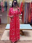 FANCY CHINON SILK PLAIN READY TO WEAR SAREE WITH EMBROIDERY SEQUENCE WOTK STITCHED BLOUSE AND KOTI  RANI