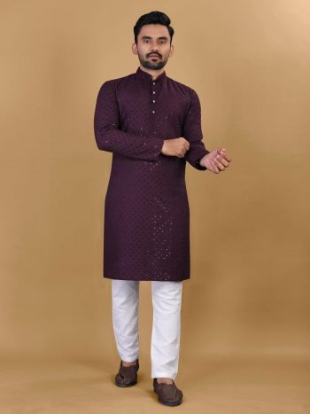 FANCY COTTON FOIL PRINTED MEN'S KURTA PAYJAMA WINE