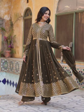 VFANCY FAUX GEORGETTE EMBROIDERY WORK TOP BOTTOM WITH DUPATTA MEHNDI