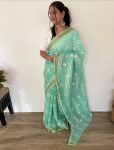 1FANCY LINEN CHANDERI GOLD PURE ZARI PATTA WITH EMBROIDERY BUTTI WORK SAREE WITH UNSTITCHED BLOUSE FESTIVE WEAR WHOLESALE PRICE ETHNIC GARMENT (17)