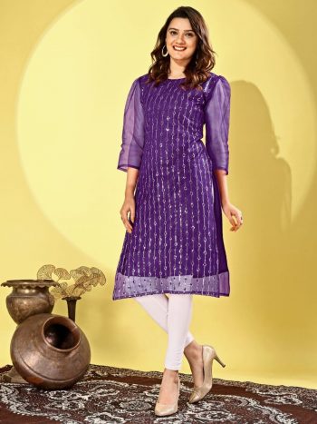 FANCY NET SEQUENCE WITH EMBROIDERY WORK KURTI  PURPLE