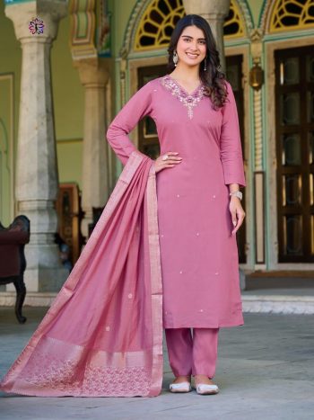 FANCY ROMAN SILK EMBROIDERY WORK TOP BOTTOM WITH DUPATTA PINK
