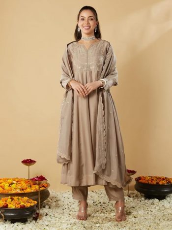 FANCY VICHITRA SILK SEQUENCE CODING EMBROIDERY WORK TOP BOTTOM WITH DUPATTA  CREAM