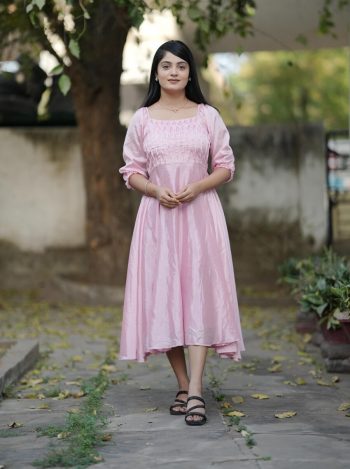 LATEST CHINON HANDWORK THREAD PLEATING ON FRONT AND PLAIN ALL OVER ONE PIECE  BABY PINK