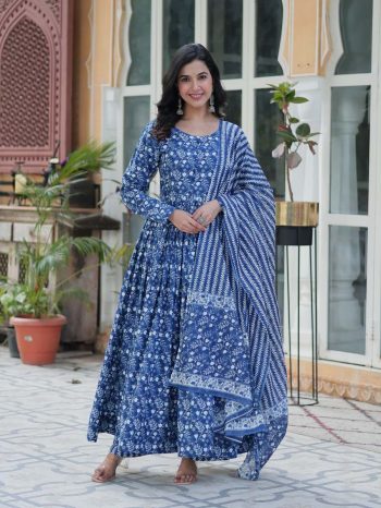 LATEST COTTON DIGITAL PRINTED GOWN BOTTOM WITH DUPATTA BLUE