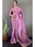 MOST PICKED GOLD CRUSH SILK SEQUENCE ARC BORDER WORK READY TO WEAR SAREE WITH STITCHED BLOUSE BABY PINK