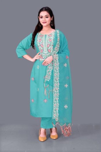 NEW ARRIVAL CHANDERI COTTON EMBROIDERY WORK TOP BOTTOM WITH DUPATTA  RAMA
