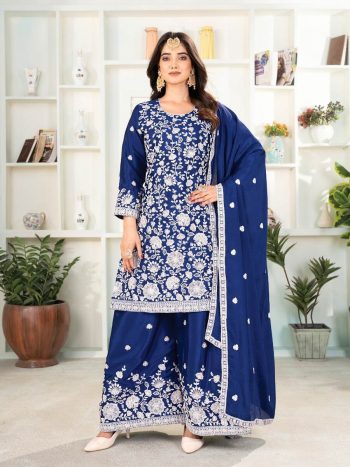 NEW ARRIVAL CHINON SILK EMBROIDERY SEQUENCE WORK TOP PALAZZO WITH DUPATTA BLUE
