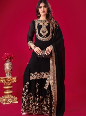 NEW ARRIVAL GEORGETTE EMBROIDERY SEQUENCE THREAD WORK TOP SHARARA WITH DUPATTA  BLACK