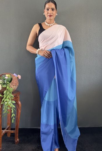 NEW ARRIVAL NATURAL SILK DIGITAL PRINTED READY TO WEAR SAREE WITH UNSTITCHED BLOUSE  SKY