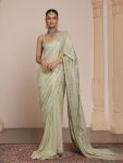 NEW ARRIVAL PLATINUM CRUSH ZARI DORI AND THREAD EMBROIDRY WIRH REAL MIRROR WORK SAREE WITH UNSTITCHED BLOUSE PISTA