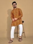 NEW ARRIVAL SOFT COTTON MULTICOLOR FOIL PRINT MEN'S KURTA PAYJAMA MUSTARD