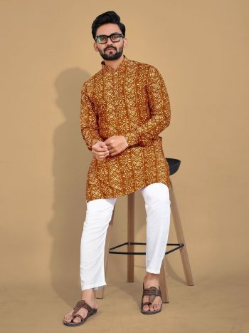 NEW ARRIVAL SOFT COTTON MULTICOLOR FOIL PRINT MEN'S KURTA PAYJAMA MUSTARD