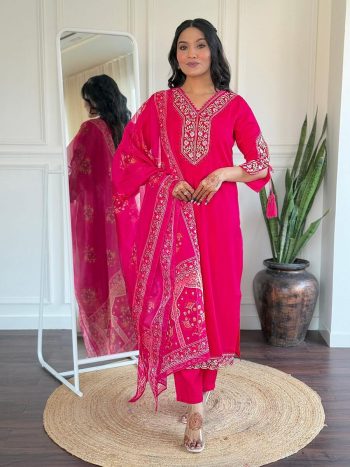 NEW ARRIVAL VISCOSE CHANDERI SEQUENCE EMBROIDERY WORK TOP BOTTOM WITH DUPATTA RANI