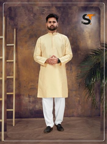 TRADITIONAL ART SILK SEQUENCE WORK COLLAR MEN'S KURTA PAYJAMA YELLOW