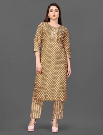 TRENDING PURE COTTON MIRROR WORK TOP PANT SET  BROWN