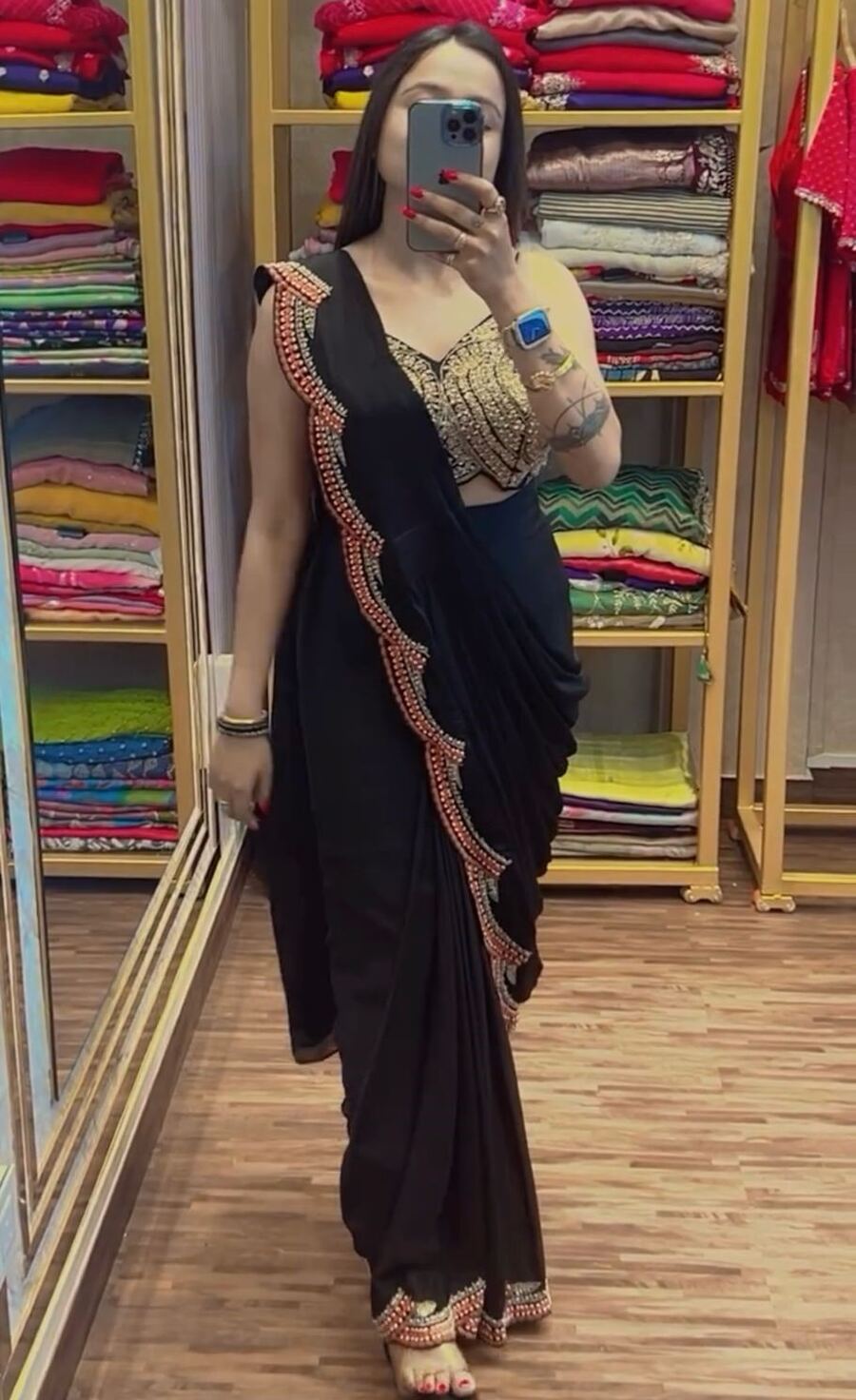 2DESIGNER CHINON EMBROIDERY BORDER WORK READY TO WEAR SAREE WITH STITCHED BLOUSE AND KOTI PARTY WEAR WHOLESALE PRICE ETHNIC GARMENT (18)