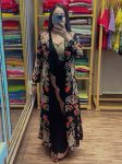 DESIGNER CHINON EMBROIDERY BORDER WORK READY TO WEAR SAREE WITH STITCHED BLOUSE AND KOTI BLACK