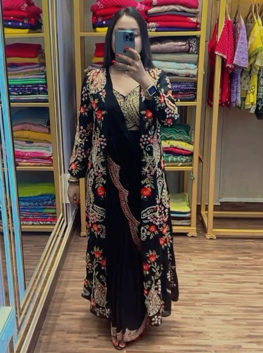 2DESIGNER CHINON EMBROIDERY BORDER WORK READY TO WEAR SAREE WITH STITCHED BLOUSE AND KOTI PARTY WEAR WHOLESALE PRICE ETHNIC GARMENT (19)