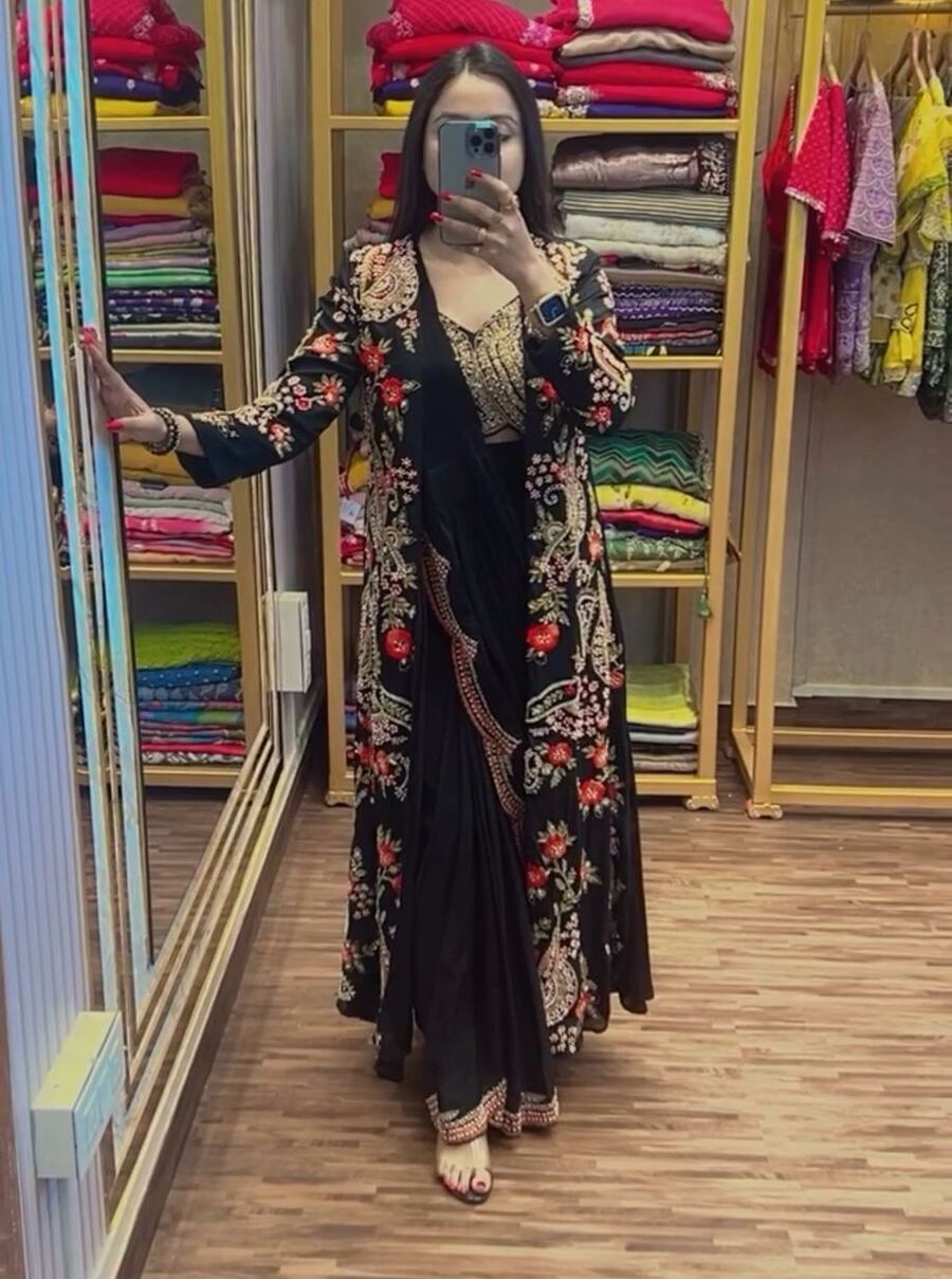 2DESIGNER CHINON EMBROIDERY BORDER WORK READY TO WEAR SAREE WITH STITCHED BLOUSE AND KOTI PARTY WEAR WHOLESALE PRICE ETHNIC GARMENT (20)