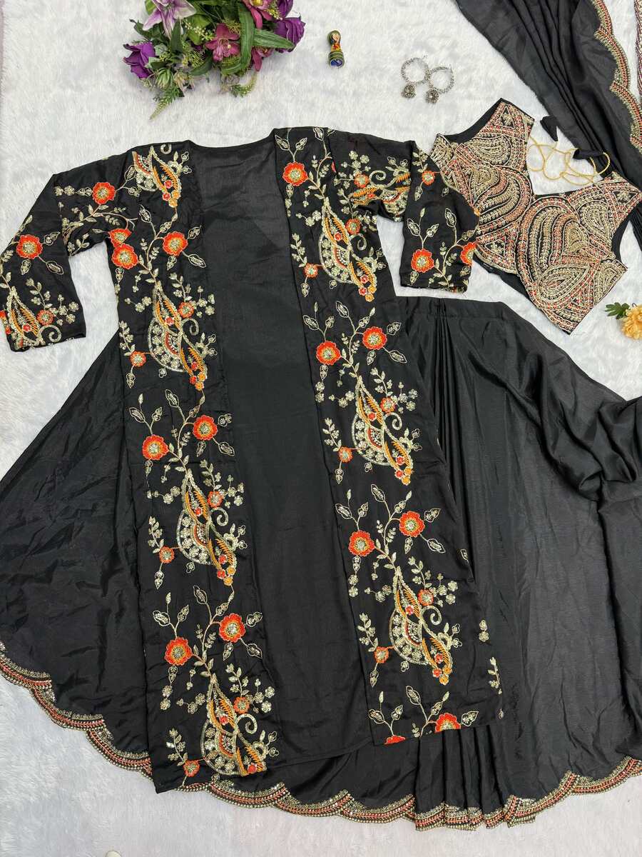 2DESIGNER CHINON EMBROIDERY BORDER WORK READY TO WEAR SAREE WITH STITCHED BLOUSE AND KOTI PARTY WEAR WHOLESALE PRICE ETHNIC GARMENT (21)